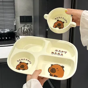 Cartoon Capybara Bunny Ceramic Divided Dinner Plate 4 Compartment Tray Breakfast Meal Bowl Spoon Microwave Safe Tableware