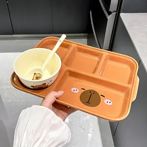 Set di piatti piani in ceramica con orsetto e scomparti per bambini, microonde sicuro