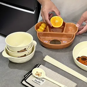 Assiette divisée en céramique motif ours mignon avec bols et cuillère assortis