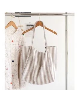 Borsa tote in tela a righe in stile giapponese di grande capacità in stile minimal
