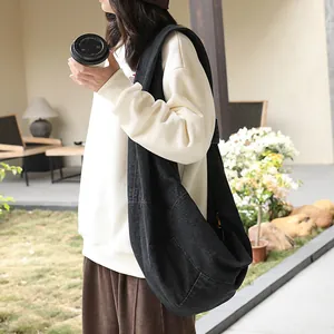 Large Japanese style black denim dumpling crossbody bag for women casual minimalist hobo bag
