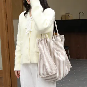 Grande borsa tote in tela a righe in stile giapponese per un uso quotidiano casual
