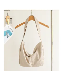 Minimalist pleated beige shoulder bag for women, Korean style casual nylon hobo bag