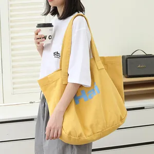 Women Korean Style Canvas Tote Bag Large Capacity Washed Distressed Fabric Letter Print Shoulder Handbag Casual Daily Commuter Bag
