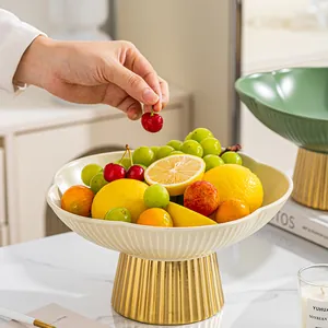 European Light Luxury Plum Blossom Ceramic Fruit Plate With Gold High Footed Base Modern Dessert Plate Home Decor Ornaments