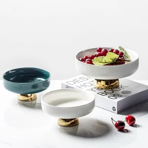 European luxury ceramic fruit plate with ribbed texture and gold pedestal base