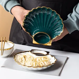 Plato para Dumplings de Cerámica Nórdica Con Compartimento para Salsa Borde Dorado Forma de Concha Elegante Vajilla Plato de Cena Color Sólido