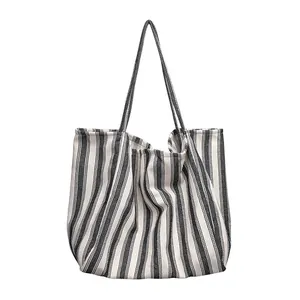 Borsa tote grande in tela a righe verticali bianche e nere in stile giapponese