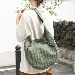 Bolso Dumpling de Lona Lavada de Cuadros Estilo Literario Japonés Gran Capacidad Bolso Bandolera para Mujer Casual Hobo