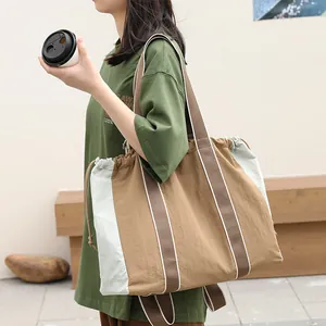 Bolso Tote de Nailon Artístico Estilo Coreano para Mujer Gran Capacidad Cierre de Cordón Color de Contraste Mochila Bolso de Hombro