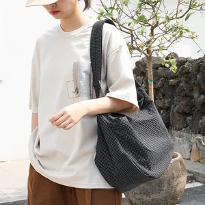Bolso bandolera de estilo japonés en lona a cuadros para mujer, bolso de hombro casual.