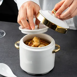 Olla de Estofado de Cerámica Blanca Con Tapa Doble Asa Dorada Tazón de Sopa de Lujo Taza de Vapor de Porcelana