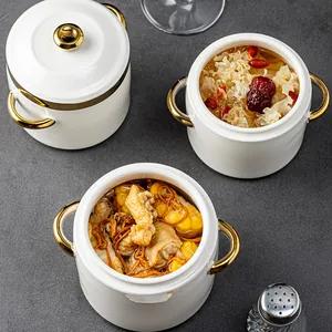 Ollas de cerámica blanca de lujo con asas dobles doradas y tapas para servir sopa caliente