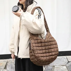Women Padded Quilted Nylon Shoulder Bag Large Capacity Pleated Hobo Puffer Tote Handbag Lightweight Daily Crossbody Bag