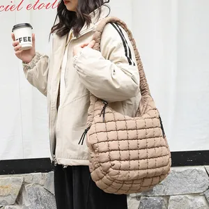 Casual quilted nylon hobo bag for women featuring a stylish pleated texture in khaki