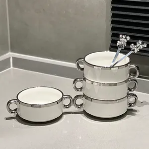 Modern Ceramic Bowl Silver Edge Double Ears Bird's Nest Dessert Bowl Porcelain Breakfast Porridge Bowl Soup Bowl Household Tableware
