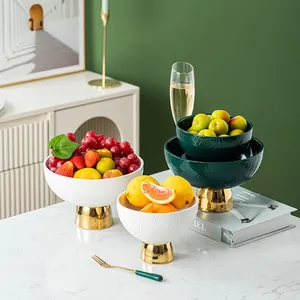 Luxury Nordic ceramic footed fruit bowls with gold bases in white and green colors
