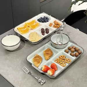 Assiette Divisée en Céramique pour Adultes Contrôle des Portions Vaisselle en Porcelaine avec Bord Argenté Bol Ours Couverts en Acier Inoxydable