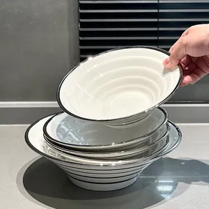Luxury ceramic ramen noodle bowl with silver rim and black stripes for home use