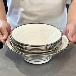 Elegant luxury ceramic ramen bowl set with silver rim in conical shape for home