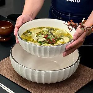 Minimalist large capacity white fluted ceramic bowl for fish soup noodles and fruit