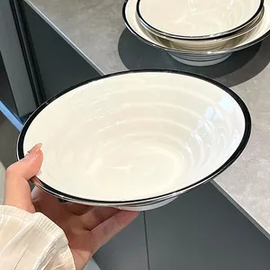 Luxury white ceramic ramen bowl with black rim, conical salad bowl for stylish dining