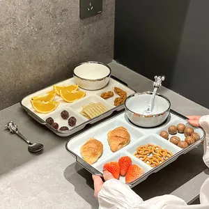 Assiette compartimentée haut de gamme en céramique blanche avec bord argenté et bol assorti