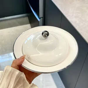 Piatto da Cena in Ceramica Bianca di Lusso Con Coperchio Fornello a Riscaldamento Bordo Argento Stoviglie Minimaliste per Banchetti