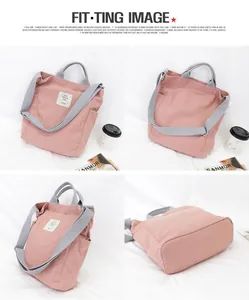 Detailed views of a pink canvas shoulder bag with grey straps and large capacity for casual use
