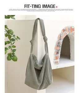 Vintage casual army green corduroy hobo bag with stylish knotted shoulder strap
