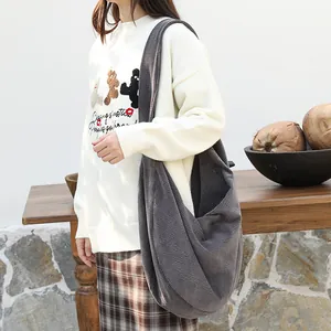 Bolso hobo de pana gris de gran capacidad de estilo japonés para mujer uso casual