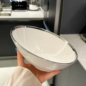 Moderne Minimalistische Weiße Keramik Schräge Fruchtsalatschüssel Mit Silbernem Rand Kreative Servier Suppenschüssel Dessertschüssel Küchengeschirr