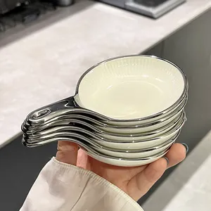 Nordisch Minimalistisch Keramik Dipping Sauce Schalen Set Gestreifte Gewürzschalen Mit Griff Galvanisierter Silberrand Gewürzplatten Mit Halter