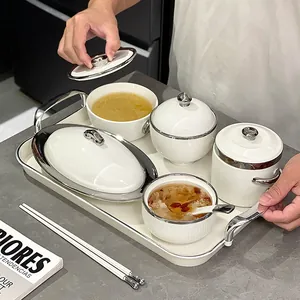 Servizio di Piatti in Ceramica Moderno Bianco Righe Verticali Bordo Argentato Galvanico Stoviglie da Pranzo Casa