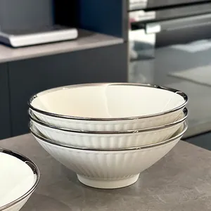 8-inch ceramic ramen bowl with white ribbed texture and elegant silver rim