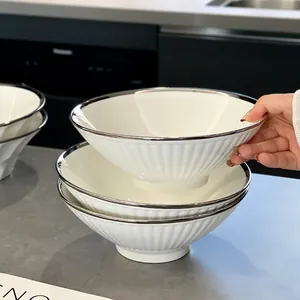 Elegant 8-inch white ceramic ramen bowl with silver rim and modern fluted design