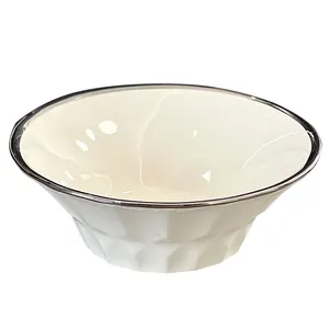 Elegant 8-inch ceramic ramen bowl with silver rim and modern faceted exterior design