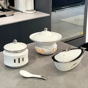 Ensemble De Plats Et Bols Chauffants En Céramique Créative Avec Couvercle Bordure Argentée Vaisselle