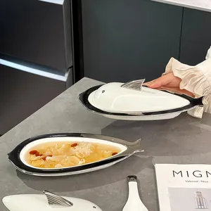 Plato de sopa creativo de cerámica en forma de pez con tapa decorada