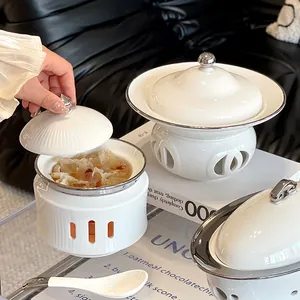 Elegant white ceramic stew pot set with silver trim for bird's nest and desserts