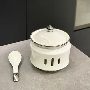 Luxury white ceramic stew pot with silver rimmed lid and spoon for bird's nest or dessert