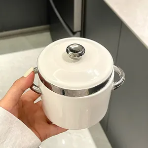 Minimalist Ceramic Stew Pot With Lid And Double Handles Silver Electroplated Edges Single Serving Kitchen Cooking Soup Bowl