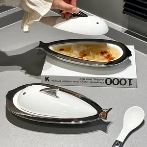 Plato de cerámica creativo con forma de pescado y tapa para sopa y platos grandes