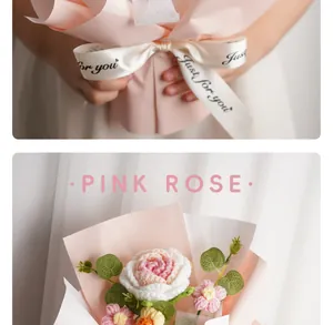 Close-up detail of a handmade crochet rose bouquet with pink wrapping and ribbon.