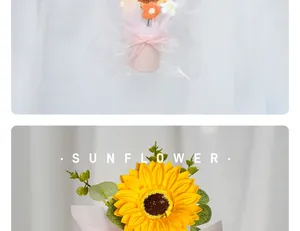 Detail van een handgemaakt gehaakt zonnebloemboeket in een roze geschenk emmer