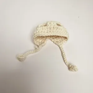 Handmade cream crochet mini hat with ties for plush dolls and character figures decor