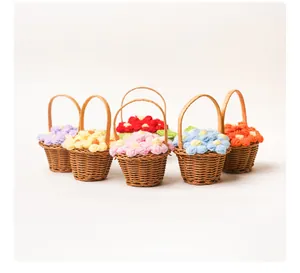 Detailed view of multiple colorful handmade crocheted flower baskets in mini sizes