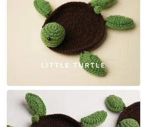 Close-up of a handmade crochet turtle coaster showing detailed yarn texture