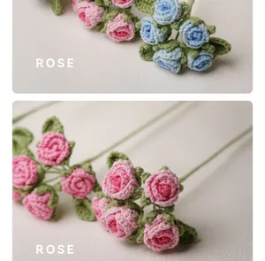 Detailed view of hand-knitted crochet bubble roses in pink and blue colors.