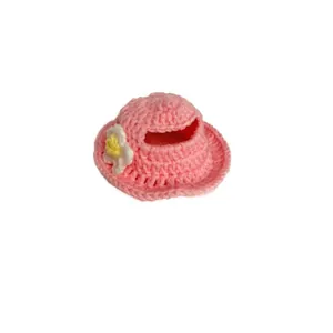 Handmade pink crochet mini doll hat with cute flower accent for 17cm plush toys